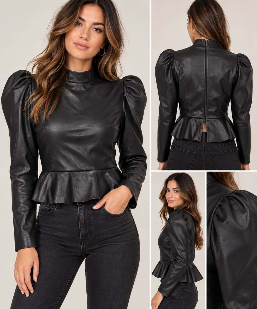 Express Faux Leather Puff Sleeve Peplum Top Size M Black